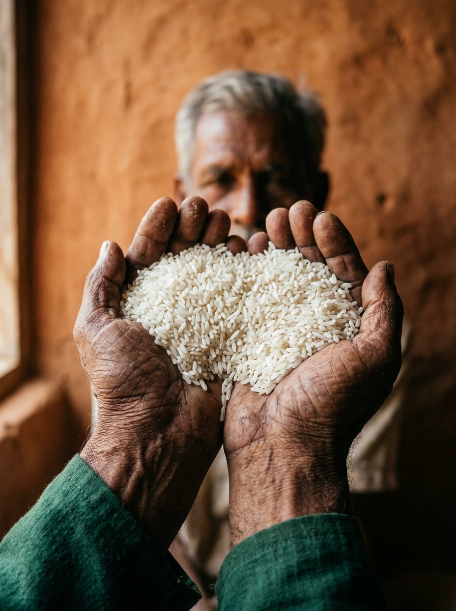 Hands holding freshly milled rice at Thirupati Rice Mill, Karur