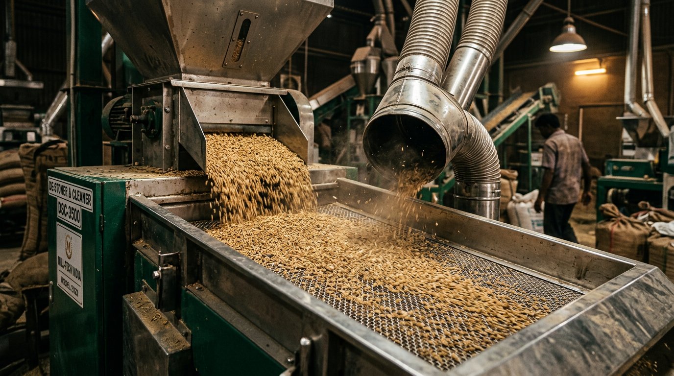 Paddy flowing over vibrating sieves in the cleaning section