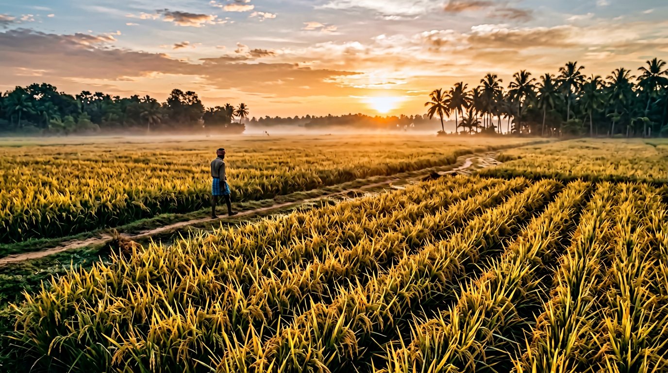 Golden paddy fields at sunrise in Tamil Nadu