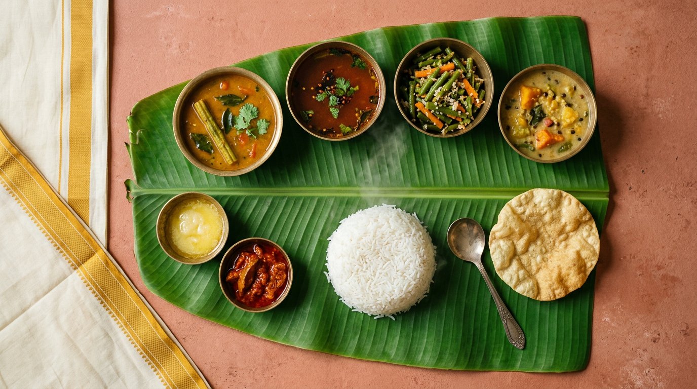 Traditional Tamil rice meal served on banana leaf