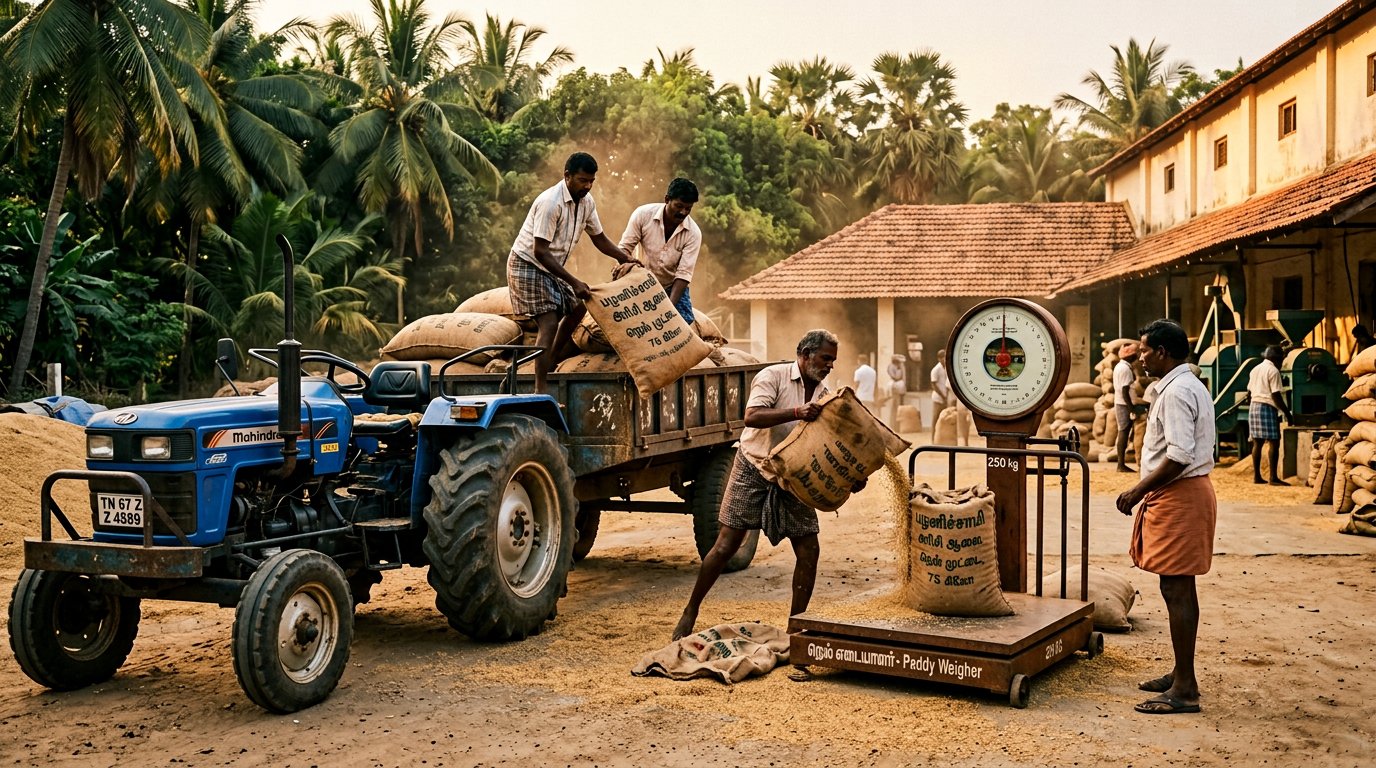 Paddy sacks being weighed at Thirupati Rice Mill, Karur
