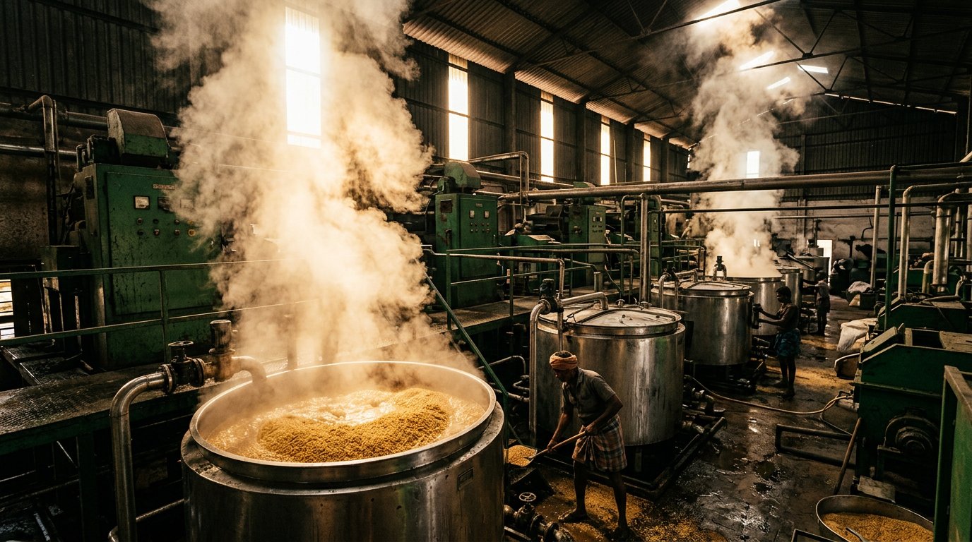 Steam rising from parboiling vats