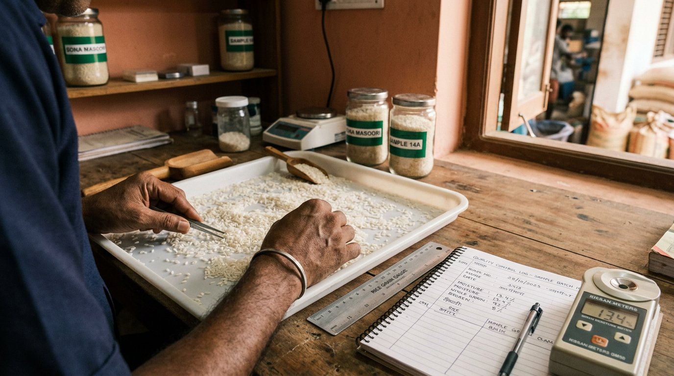Rice grains being inspected in the mill laboratory