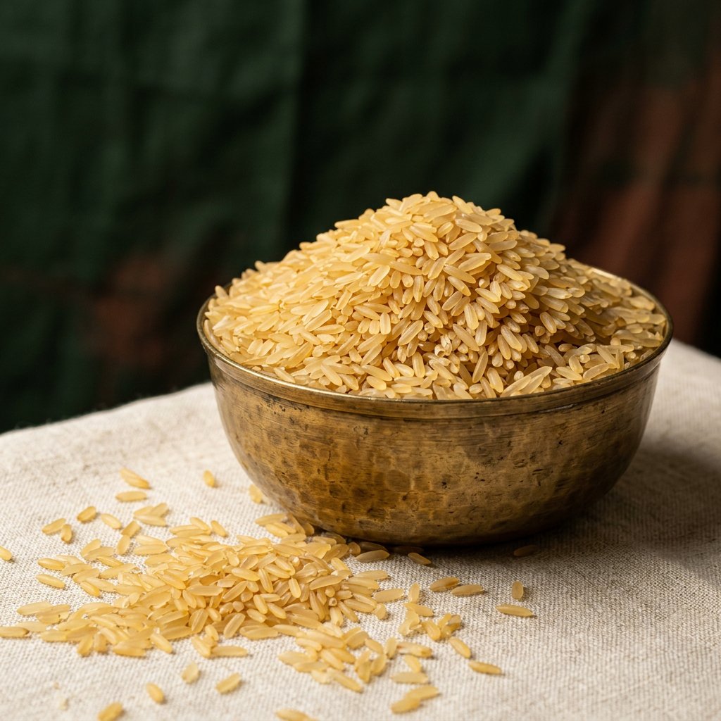 Golden parboiled boiled rice in a brass bowl