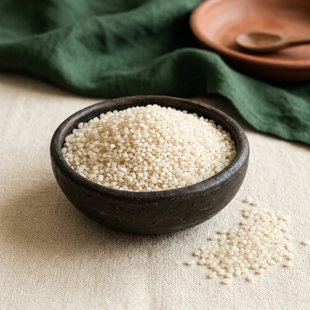 Short grain idli rice in a clay bowl
