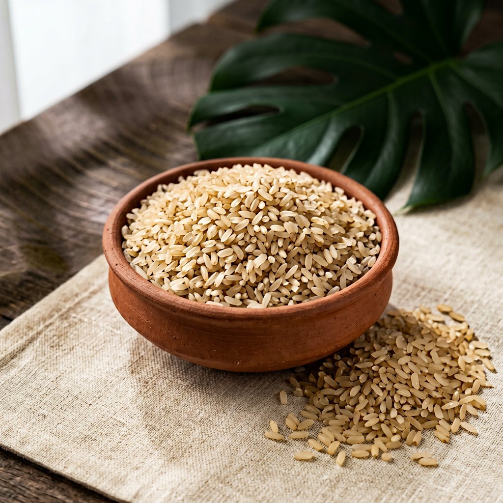 Ponni boiled rice grains in a terracotta bowl