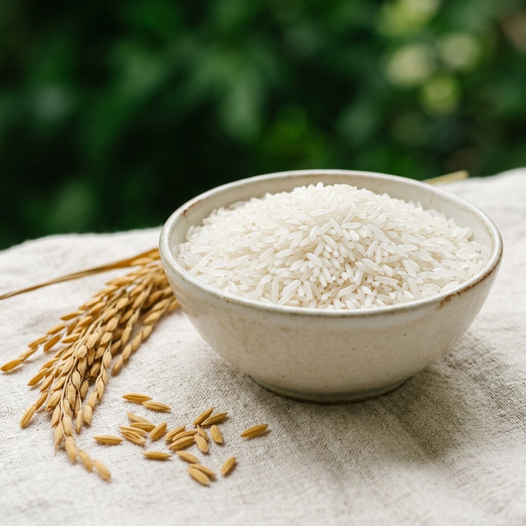 Raw polished white rice in a stoneware bowl with paddy stalk