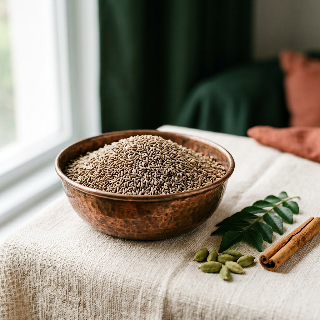Aromatic Seeraga Samba rice in a copper vessel with cardamom