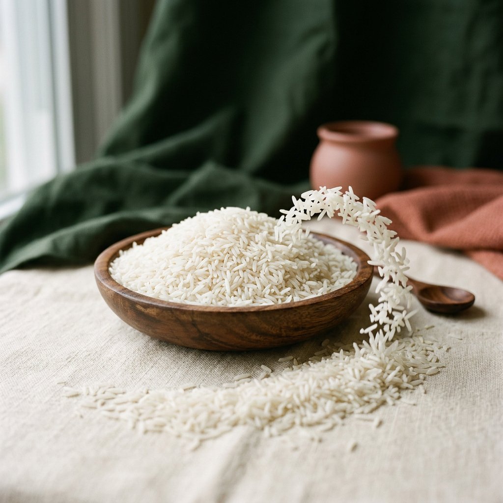 Sona Masoori rice grains in a wooden bowl