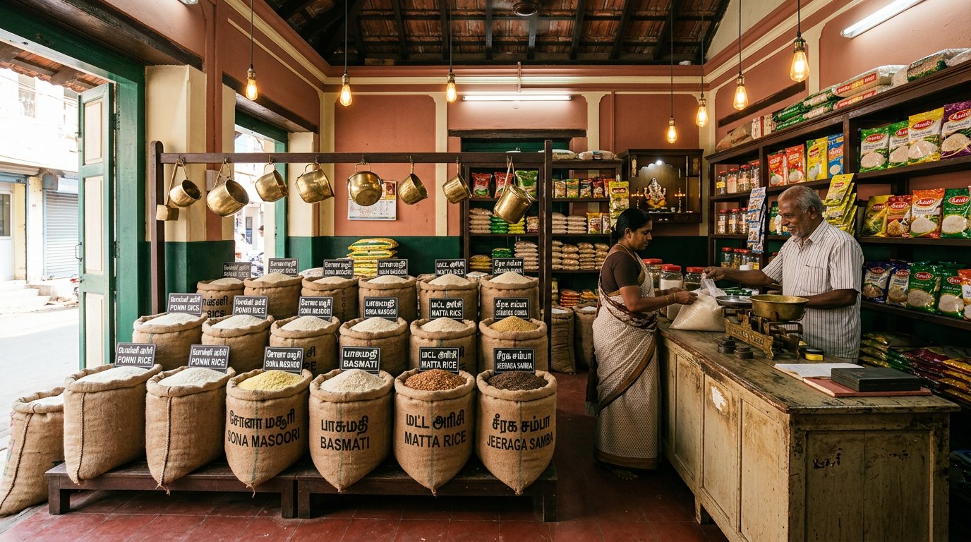 Open sacks of rice arranged in a shop